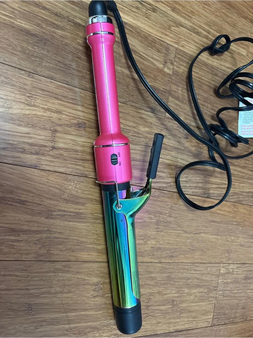 Pink Handle Curling Iron with Iridescent Rainbow Barrel